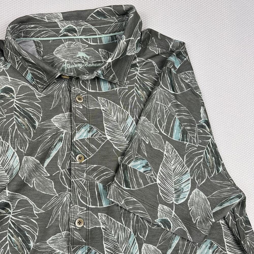 Tommy Bahama Shirt Mens XL Gray Tropical Leaf Short Sleeve Button Up Beach